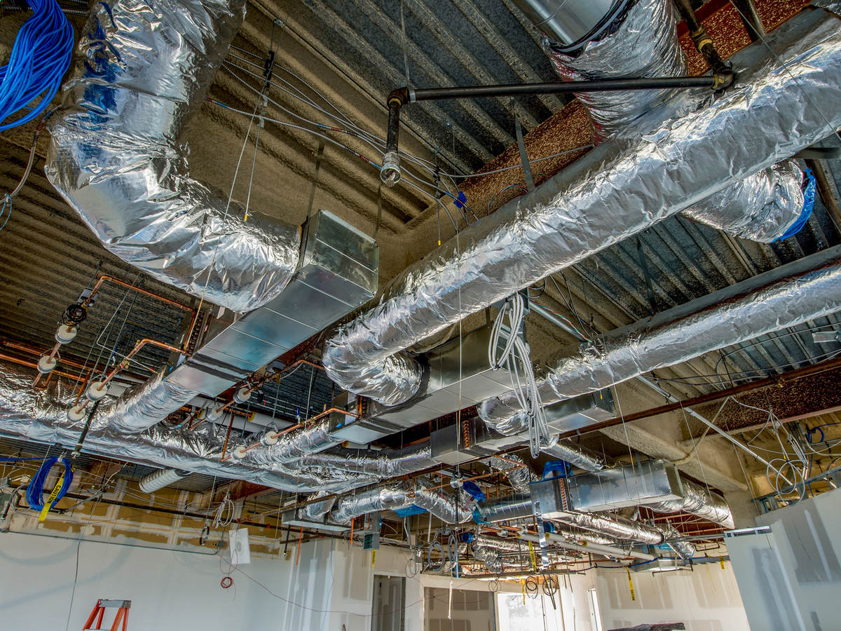 HVAC system with winding pipes and ducts and mechical systems